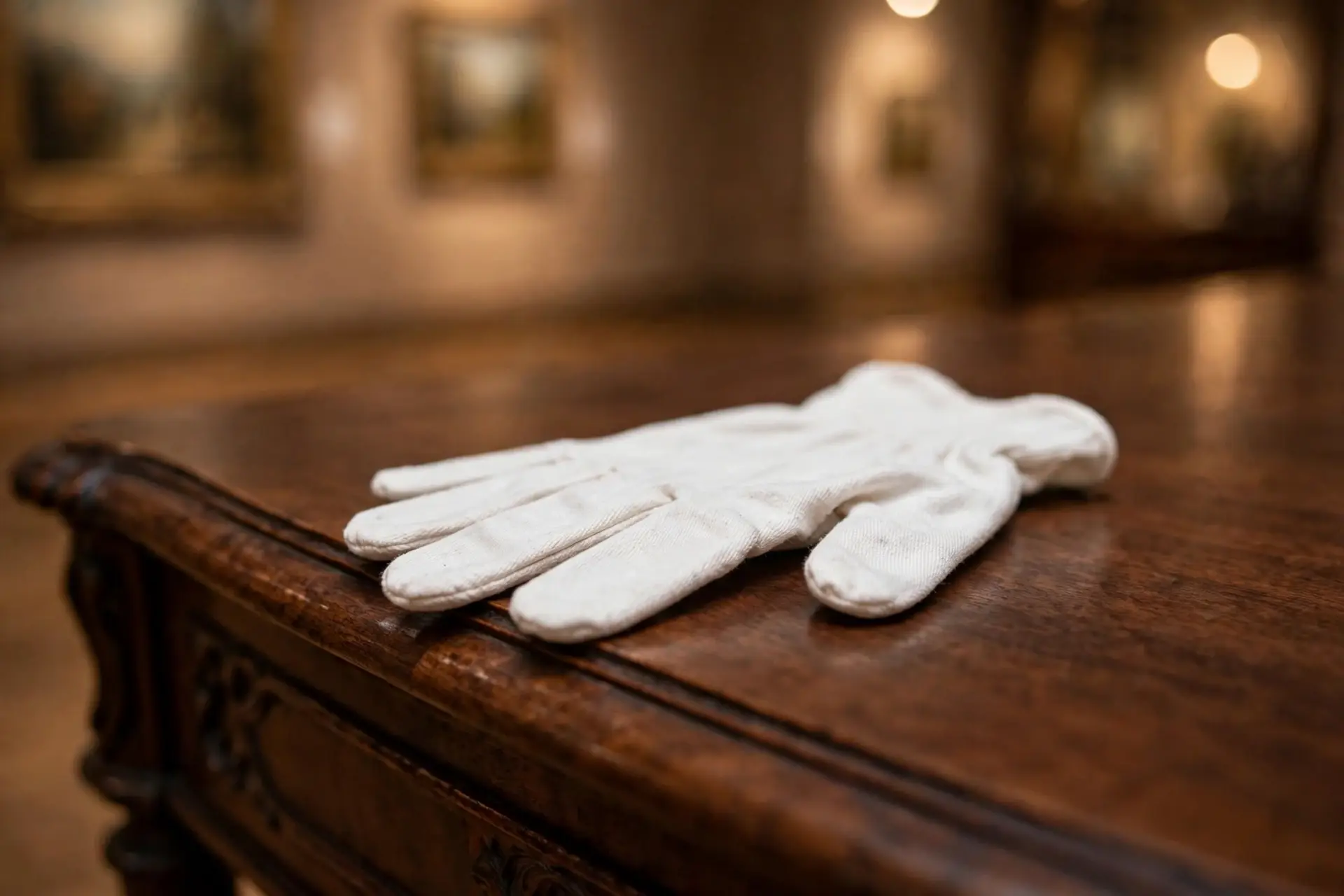 A white cotton work glove resting on polished dark walnut furniture